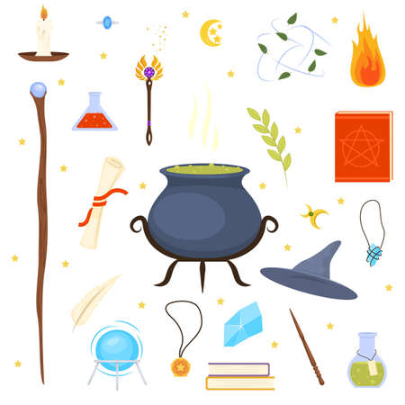 Wizard with magic attributes on white background vector illustration. Collection of magical symbols. Set of magician tools and male wizard character.のイラスト素材