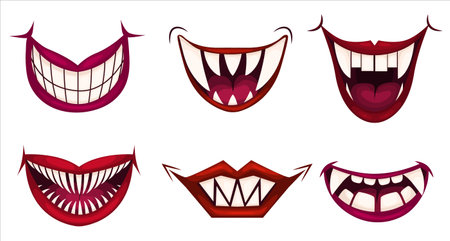 Creepy clown mouths set. Scary evil clown smile. Vector icons set. Vector illustration EPS10のイラスト素材