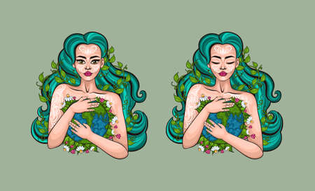 Mother earth day poster with hand holding planet,Nature fo woman. Nature girl hugging smiling Earth planet. Love you planet concept.のイラスト素材