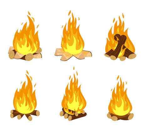 Firewood flames, burn campfire or bonfire flame fireplace. Cartoon vector illustration isolated symbols set. Wood campfire set, travel and adventure symbolのイラスト素材