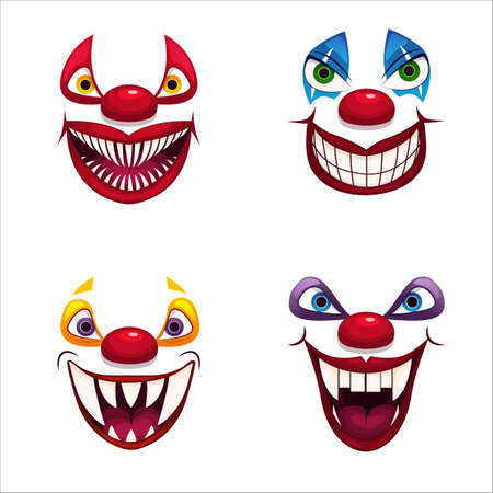 Crazy clowns faces on white background. Fantastic scary clown. Isolated on white. Scary vector.のイラスト素材