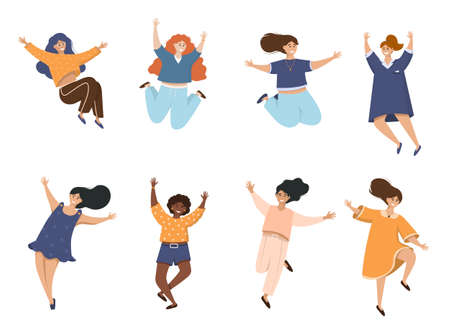 Group of happy people jumping on a white background. Concept of freedom, development and aspirations. Men and women moving forward.のイラスト素材