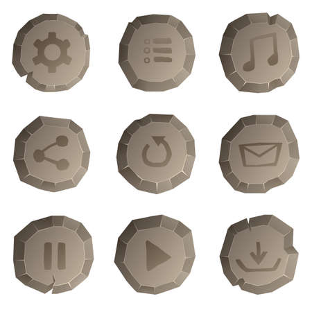 Rock ui game icons and buttons elements, with main user interface app functions. Stone frame. Rubble rocks banner, stones block arrows and gravel rock tablet framesのイラスト素材