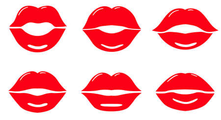 Red lips collection set. Red female glossy lips collection of various emotions. kiss ,smile, beautyのイラスト素材