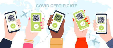 Hands with phone digital covid 19 certificate, vaccine green pass. Template for tourist electronic passports without coronavirus.のイラスト素材