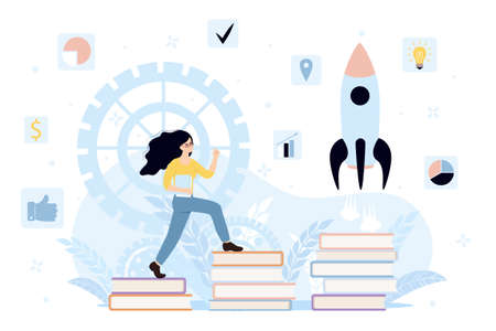 Business mentor helps to improve career. Mentorship, upskills and self development strategy flat style design business concept.のイラスト素材