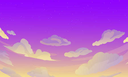 Sunset sky. Cartoon summer sunrise with pink clouds and sunshine, evening cloudy heaven panorama. Sunset. Background designのイラスト素材