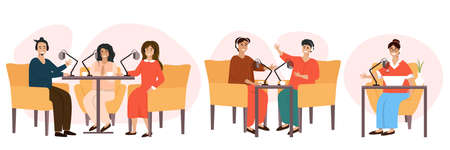 Internet radio podcast. Live streaming, broadcast flat vector illustration. Male and female social media network bloggers collaboration.のイラスト素材