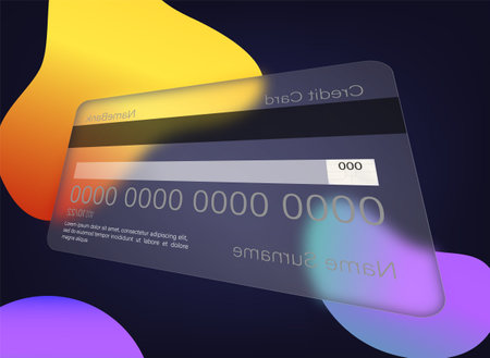 Glassmorphism credit card template. Credit card mockup icon. Glassmorphism style. Transparent plastic shopping debit cards. Glass bank payment card vector setのイラスト素材