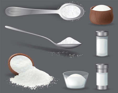 Salt realistic set of isolated icons piles of edible salt of different fracture with salt cellars. 3D food seasoning in bottle and spoon. Culinary spice mockup.のイラスト素材