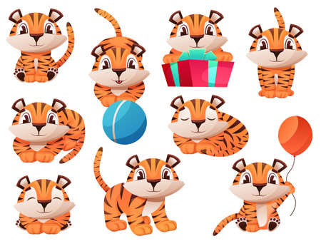 Cute tiger cub cartoon character, funny animal. Set of cute little tiger characters with gift box, air balloon, celebrate, jump, stand, smileのイラスト素材