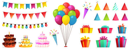 Birthday party isolated elements set with colorful presents fairy lights flags. Colorful balloons, carnival celebration food and candy.のイラスト素材