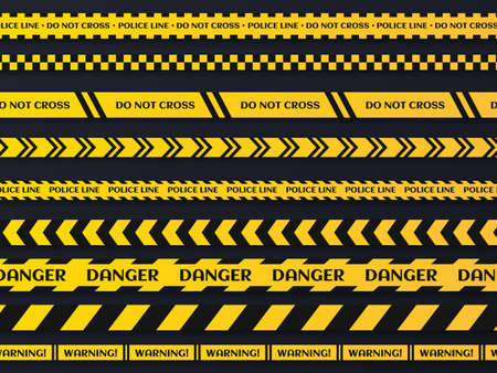 Black and yellow stripes vector police tape. Set of danger caution seamless tapes. Art design line of crime places.のイラスト素材