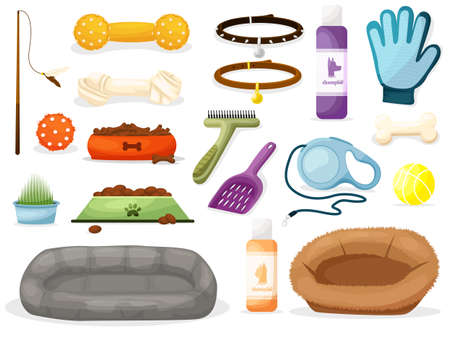 Set of pet shop icons. Accessories for dogs. Flat vector illustration. Animal food, toys, care and other stuff. Products for the pet shop.のイラスト素材