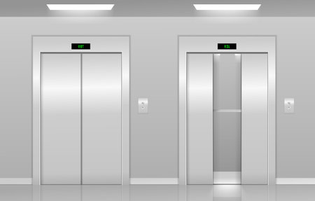 Realistic 3d Detailed Elevator with Opened and Closed Metal Doors Modern Interior Office or Hotel. Vector realistic empty lobby interior with liftのイラスト素材