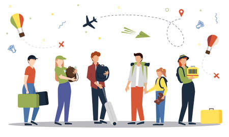 Set of tourist with laggage and handbag. Tourists travel with suitcases and bag. Vector illustration for trip, airport, travel, queue conceptのイラスト素材