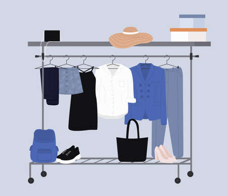 Stylish fashion clothes hanging on hangers on garment rack or rail. Fashion clothes and accessories on hanger rail. Fall, winter garments, footwear and bags. Women capsule wardrobe on racks.のイラスト素材