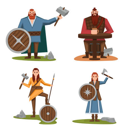 Vikings set of cartoon characters. Scandinavian men, women. Scandinavian mythologyy characters norway costume vikings warrior male and femaleのイラスト素材