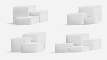 3d white square and round podium platforms for product showroom. Pedestal and platform, stand stage, cylinder. Round empty stages and podium stairsのイラスト素材