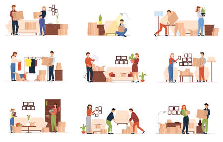 People moving into a new house with things. Set of people moving or leaving their homes and offices. Family couples pack belongings and relocating to new apartments.のイラスト素材