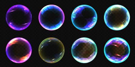 Realistic transparent soap bubbles with shiny abstract reflections. Magic glass balls glossy effect....
