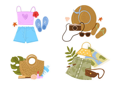 Tourist bag and accessories set. Collection of items for vacation or journey decorated by tropical leaves, shells and flowers isolated. Clothes, accessories, shoes and suitcase for tourismのイラスト素材