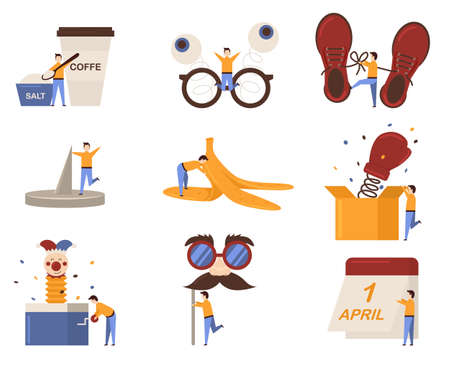 Colorful Fools day doodles set. Set of April fools day logo design,sticker,Label element Vector Illustrationのイラスト素材