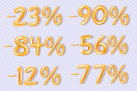 Sale off discount promotion set made of realistic numbers 3d gold helium balloons. Yellow Volume 3d render numbers.のイラスト素材