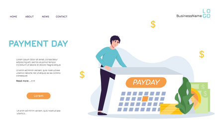 Payment calendar with coin. Illustration of happy women after get money for payday conceptのイラスト素材