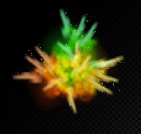 Holi paint powder color explosion realistic. Splash of paint dust with particles. Vector realistic set of burst effect of colorful powder cloudsのイラスト素材