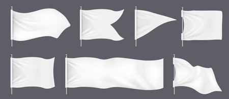 Realistic banner flags. 3D white blank textile signs and waving fabric for advertising. Realistic blank white fabric signs mockup for advertising, outdoor exhibition cotton waving flagsのイラスト素材
