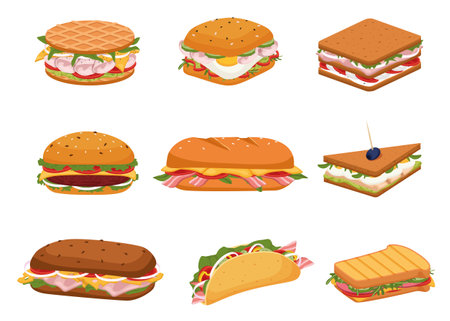 Subs and Sandwiches of Black and Wheaten Bread. Delicious panini with vegetables, salmon and meat. Crispy toast, croissant and bun sandwiches vector set.のイラスト素材