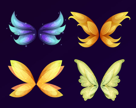 Wings of fairy, dragon or butterflies isolated set. Vector cartoon set of wings pairs of magic and fantasy characters and animals isolated on white backgroundのイラスト素材