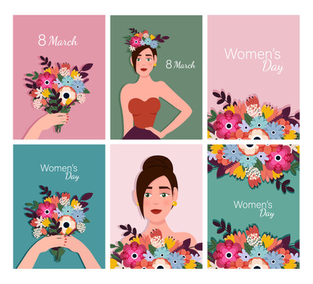 Beautiful trendy set of greeting cards for 8 March. International Womens Day. Vector postcard or greeting card mockup in modern cartoon styleのイラスト素材