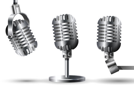 Vector banner with studio microphone in realistic style. Karaoke banner with grunge collage element.のイラスト素材