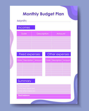 Vector planner pages templates. Budget planner template. Daily, weekly, monthly, project, budjet and meal planners. Vector illustrationのイラスト素材