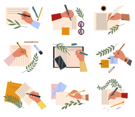 Hand making note. Cartoon hands holding pens and pencils flat vector symbols illustrations set. Person writing or painting. Diary plan. Paper document.のイラスト素材