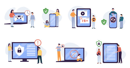 Parental control. Parental control software, parental advisory music, kids digital content metaphors. Vector isolated concept metaphor illustrationsのイラスト素材