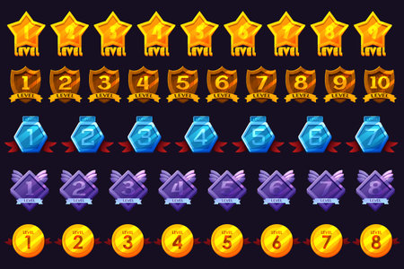 Game badges with level number. Level results vector icon design for the game, UI, banner, design for app, interface, game developmentのイラスト素材