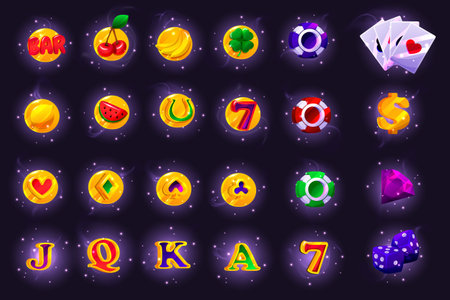 Casino slot game icons on background, RPG UI winner badge kit, casino slot gambling machine objects. Vegas shiny UI design elements, lemon, strawberry, barのイラスト素材