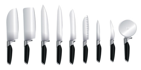 Kitchen knives hanging set isolated. meat chef cutting hatchet, cooking cutlery types. Sharp blade cooking tool for kitchen, folding combat knife, kitchenware for cutting of stainless steelのイラスト素材