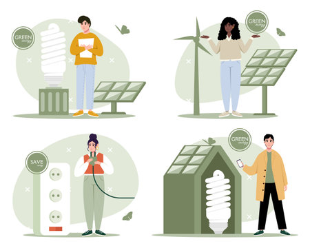 Green energy illustration set. Characters reduce energy consumption at home. Power save concept. Household energy and resources, meter installationのイラスト素材