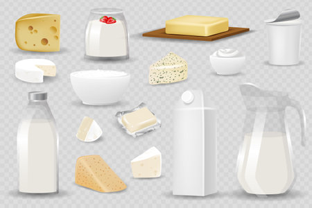 Dairy products isolated on realistic style vector illustration. Different natural milk drinks and food, 3d packaging with blank label, yogurt, butter and cheeseのイラスト素材