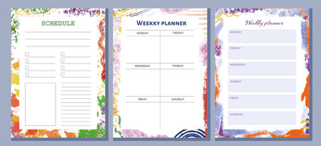 Cute planner templates. Daily, weekly, monthly and yearly planners. Bright design of a notepad page. Vector illustrationのイラスト素材