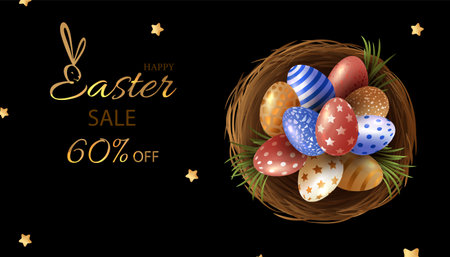 Luxury Easter egg sale horizontal banner. Easter card with gold and white realistic eggsのイラスト素材