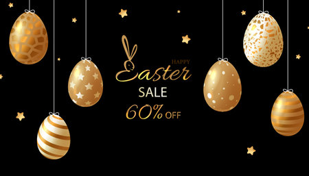 Luxury Easter egg sale horizontal banner. Easter card with gold and white realistic eggsのイラスト素材