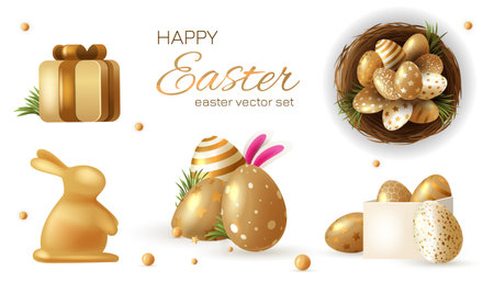 Easter symbols and treats. Happy easter set. Many beautiful golden realistic eggs set.のイラスト素材