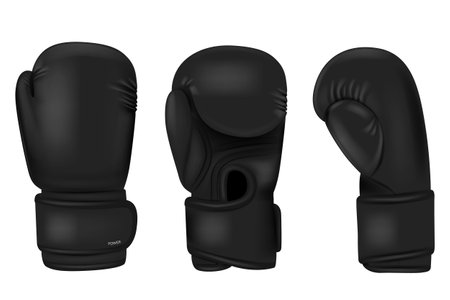 Color boxing gloves. Sport professional equipment for punch boxers decent. Realistic professional accessories. 3d isolated objects utter vector setのイラスト素材