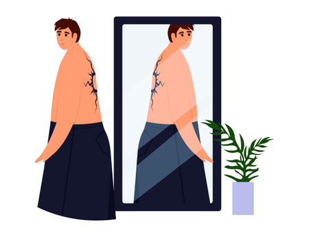 Tattoo artist at work. Cartoon professional ink master character drawing with needle machine. Tattooer at work skin art concept. Vector illustration. Master drawing flower for clientのイラスト素材