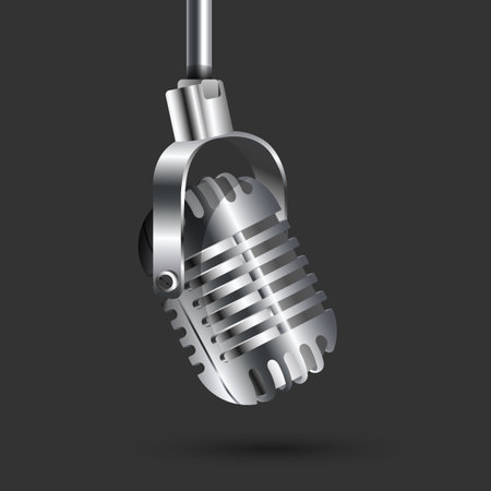Vector banner with studio microphone in realistic style. Karaoke banner with grunge collage element. Microphone on Stageのイラスト素材
